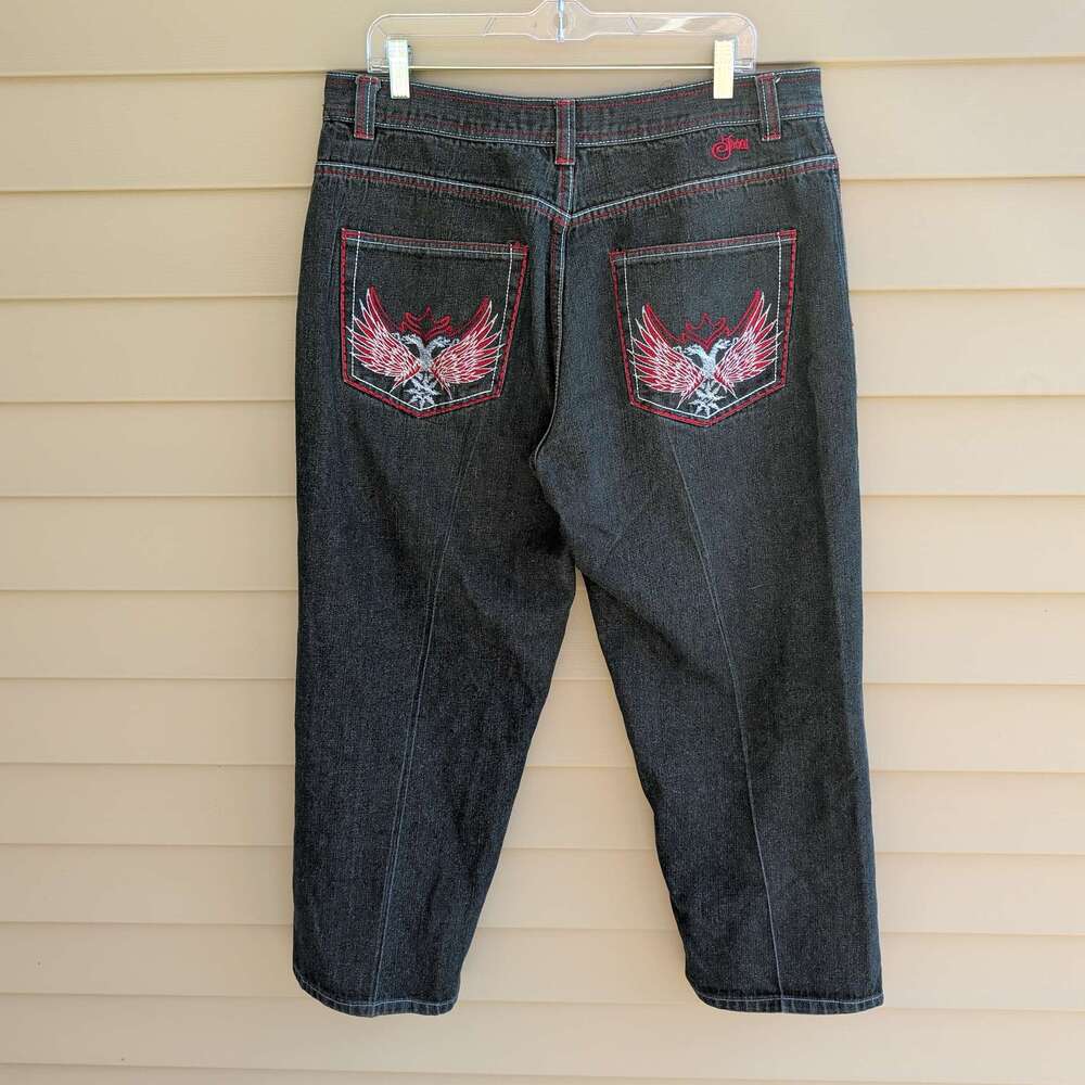 Jinzu Baggy Jeans Mens 38x32 Black Red Stitch Eagle Embroidered Y2K